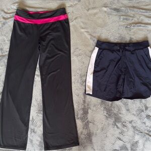 Black and Pink Athletic Pants and Navy and White athletic Shorts